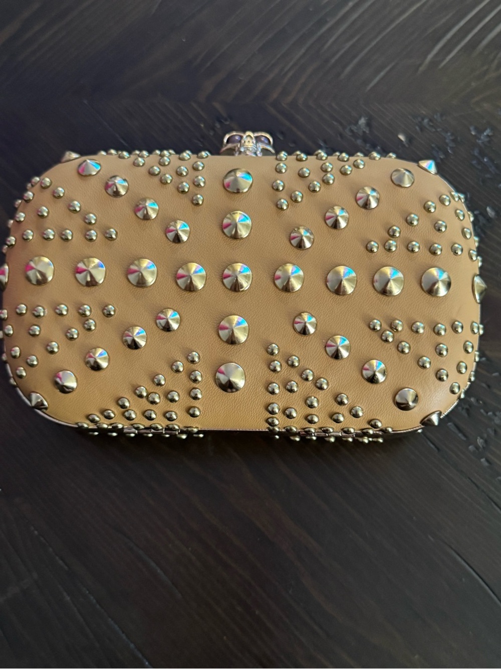 Studded Tan Leather Wristlet Clutch - Chic Evening Accessory